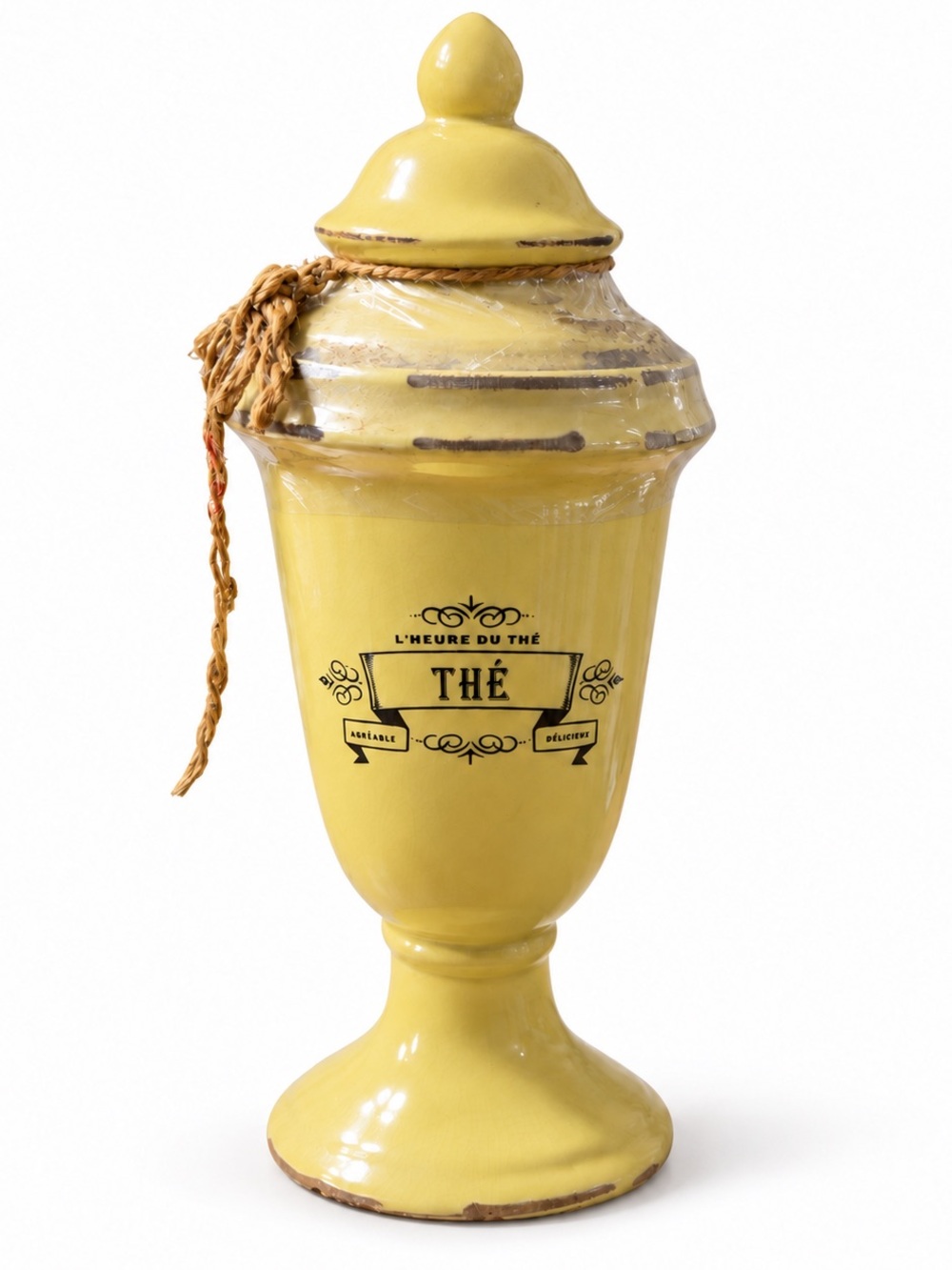 DesignPac L’Heure du Thé Tea Canister Yellow Ceramic Pedestal Jar Approx 11”